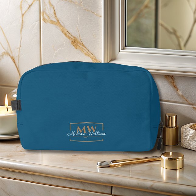 Trousse De Toilette Script de nom du monogramme d'or bleu blanc (Créateur téléchargé)