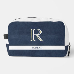 Trousse De Toilette Texture en cuir bleu Monogramme blanc Nom Kit Dopp