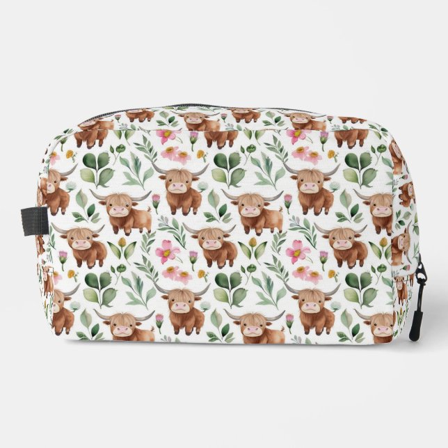 Trousse De Toilette Vaches Highland et fleurs roses Motif Floral (Recto)
