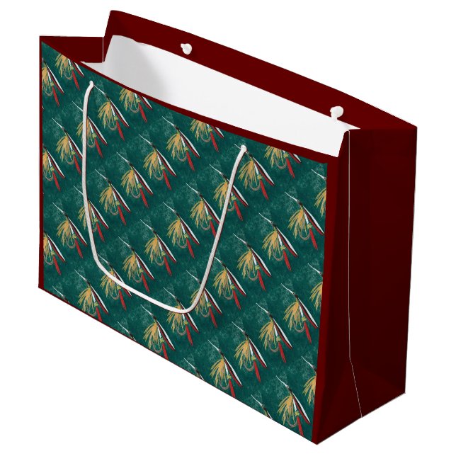 "Trout Fin" Trout Fly tiled wet fly on green       Large Gift Bag (Front Angled)
