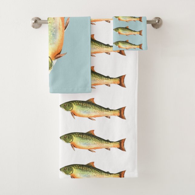 Trout Fish Pattern on Blue and White Bath Towel Set (Insitu)