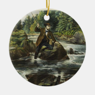 Trout fishing print by Currier and Ives Ceramic Ornament