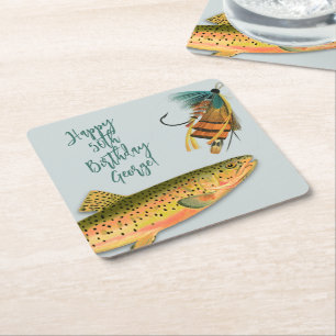 Trout Fly Fishing Adult Birthday Personalized Square Paper Coaster
