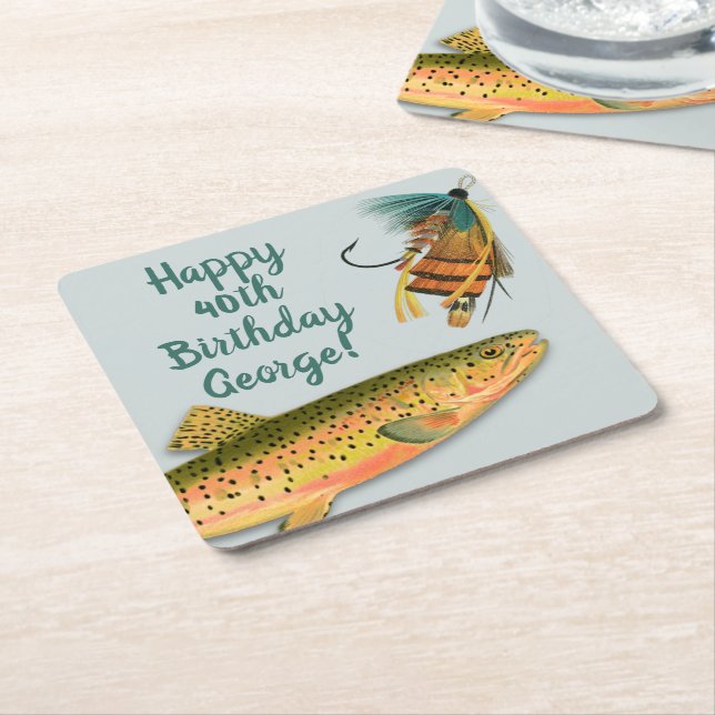 Trout Fly Fishing Adult Birthday Personalized Square Paper Coaster (Angled)