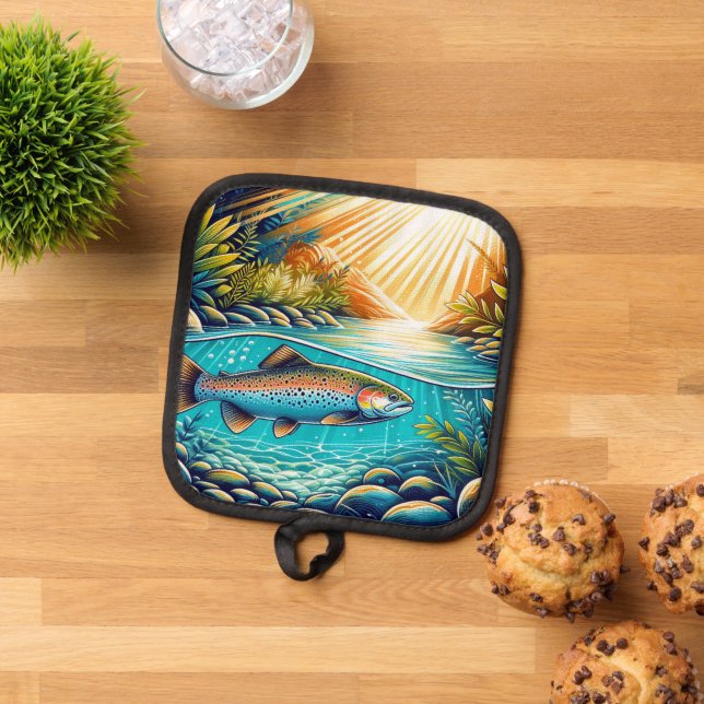 Trout in Crystal Clear River Beneath Lush Forest  Pot Holder (Top Down)