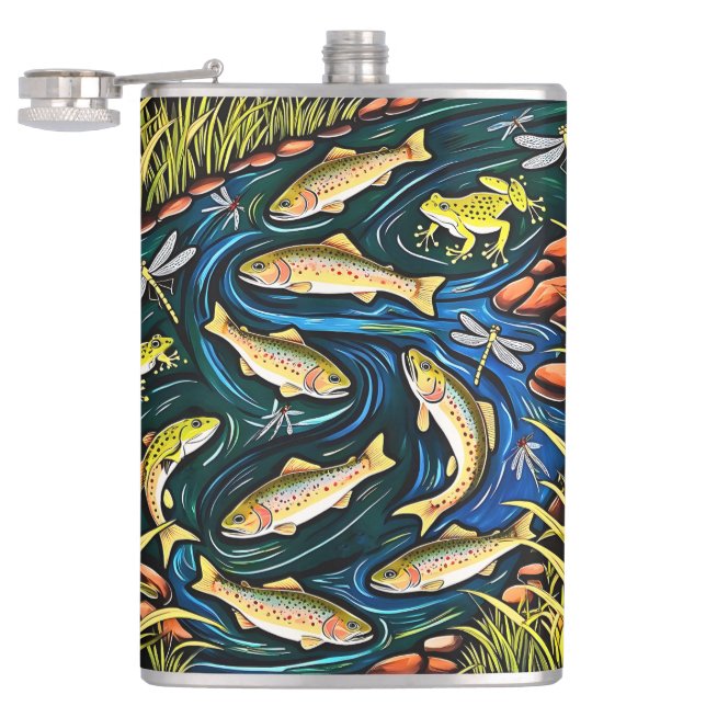 Trout Stream Harmony – Folk Art Fish, Frogs Hip Flask (Opened)
