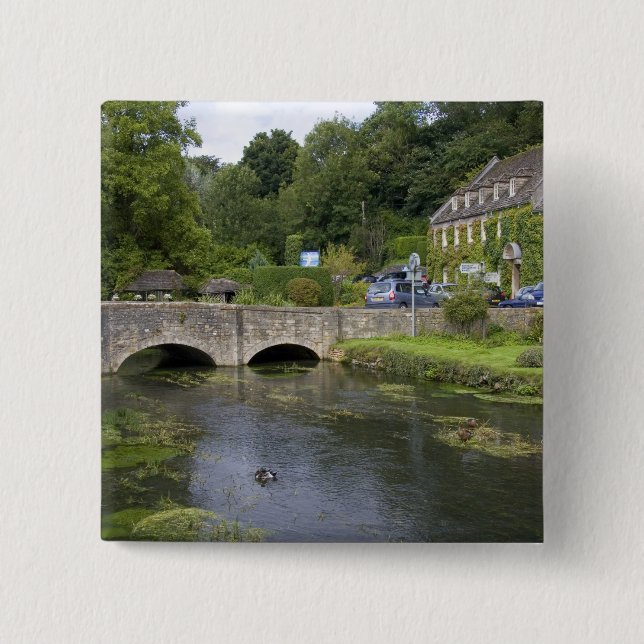 Trout stream in the village of Bibury, 2 Inch Square Button (Front)