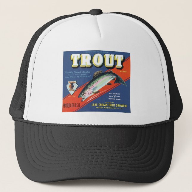 Trout Vintage Apples Label Trucker Hat (Front)
