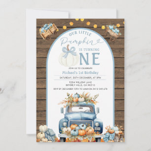 Truck Blue Pumpkin 1st Birthday Autumn Rustic Wood Invitation