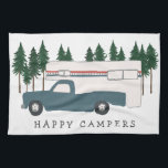 Truck Camping RVing Motorhome BLUE Trees Whimsical Kitchen Towel<br><div class="desc">HAPPY CAMPERS! I'd rather be RVing!! What about you? Check out this sweet red truck camper towel and check my shop for more matching items like tshirts, magnets, keychains, pillows, stickers and more. And of course more RV, campervan, motorhome and camping stuff too. Customize this mug with a name, your...</div>