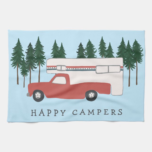 Truck Camping RVing Motorhome Red Trees Whimsical Kitchen Towel (Horizontal)