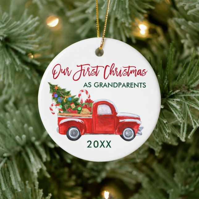 Truck Candy First Christmas as Grandparents Ceramic Ornament (Tree)