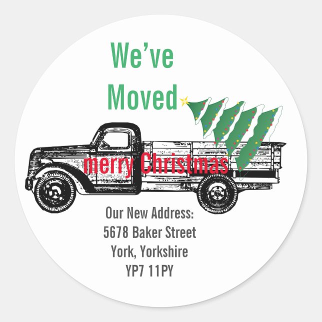 Truck Christmas Tree We’ve Moved Announcement  Classic Round Sticker (Front)