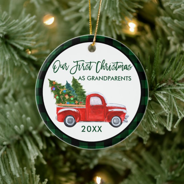 Truck First Christmas as Grandparents Green Plaid Ceramic Ornament (Tree)