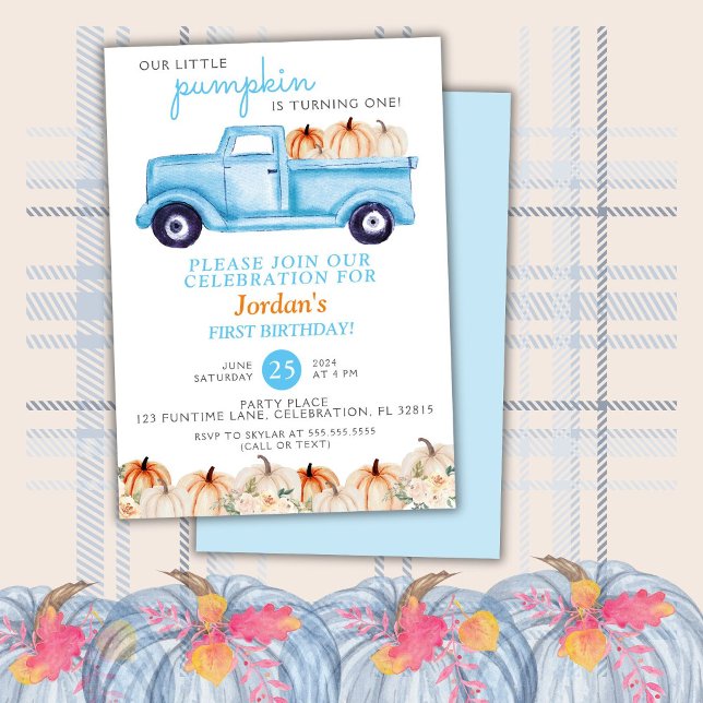 Truck Little Pumpkin Blue Boy Birthday Invitation (Creator Uploaded)