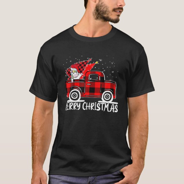 Truck Tree Unicorn Buffalo Plaid Christmas Pajama T-Shirt (Front)