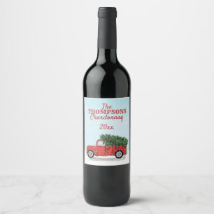 truck with Christmas Tree Cute Winter Holiday Wine Label
