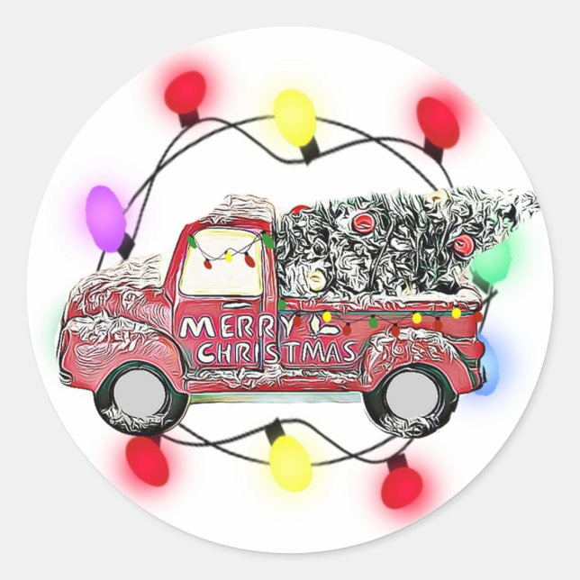 Truck with Christmas Tree Lights and Tree Classic Round Sticker (Front)