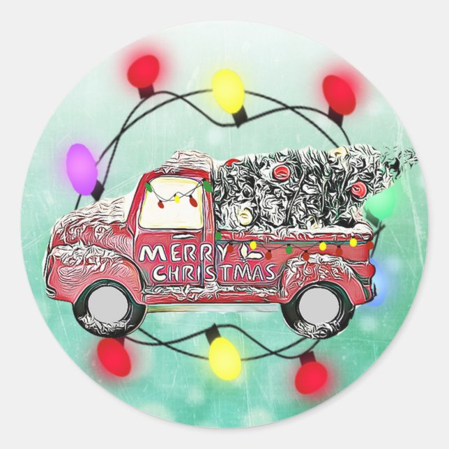 Truck with Christmas Tree Lights and Tree Classic Round Sticker (Front)