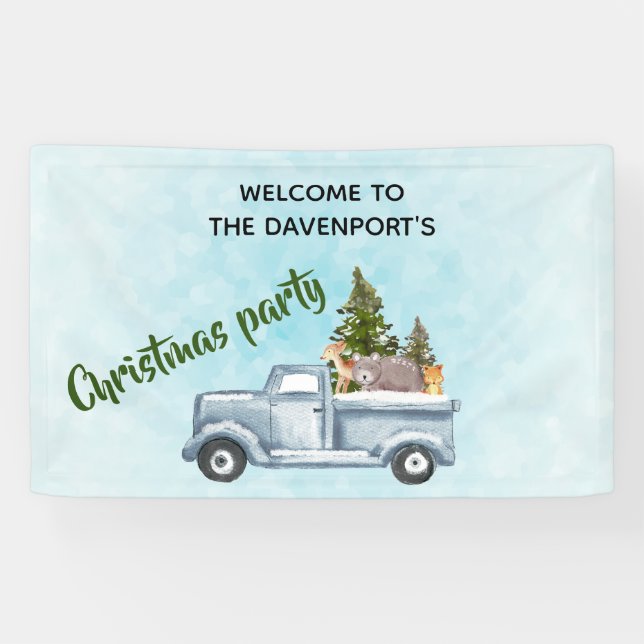 Truck with Cute Animals Christmas Party Banner (Horizontal)