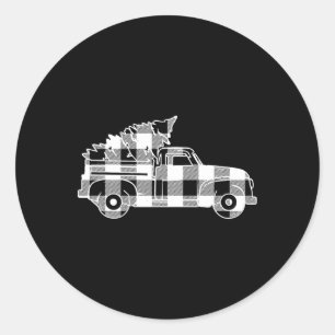 Truck Xmas Tree Black &amp; White Buffalo Plaid Me Classic Round Sticker