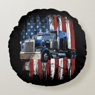 Trucker American Flag Truck Driver Truck Driver Gi Round Pillow