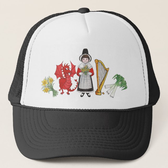 Trucker Hat: Welsh, Daffodils, Dragon, Leeks, Harp Trucker Hat (Front)
