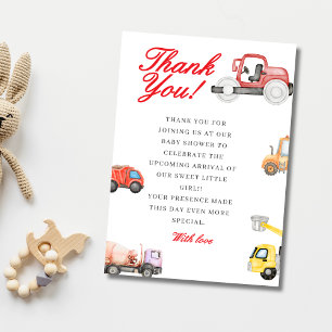 Trucks baby under construction baby shower thank you card