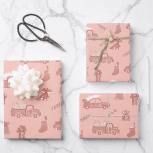 Trucks Bells Pattern Light Rose Pink Christmas Wrapping Paper Sheet