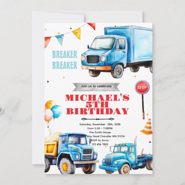 Trucks birthday party theme invitation (Devant)