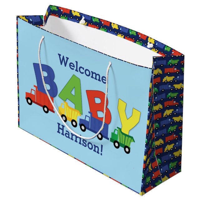 Trucks Boy Baby Shower Construction Cute Large Gift Bag (Back Angled)