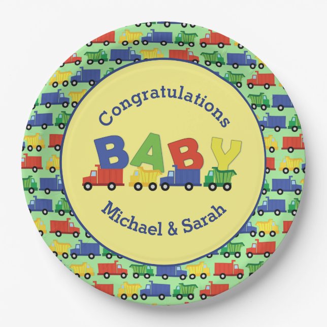 Trucks Boy Baby Shower Construction Cute Paper Plate (Front)