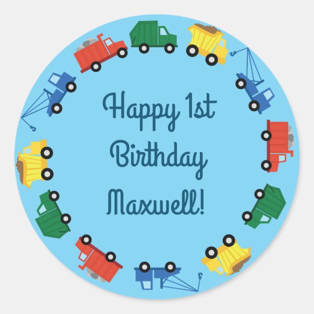Trucks Cars Cute 1st Birthday Party Theme Classic Round Sticker (Front)