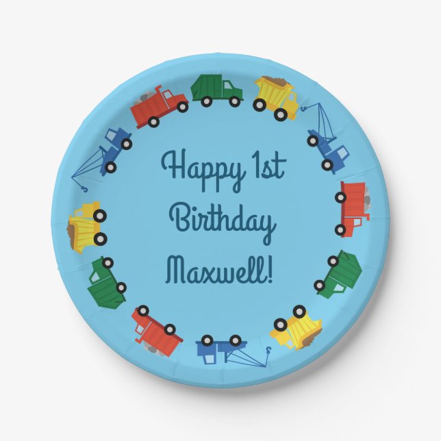 Trucks Cars Cute 1st Birthday Party Theme Paper Plate (Front)