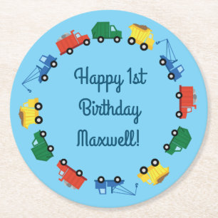 Trucks Cars Cute Boy Kids Birthday Party Theme Round Paper Coaster