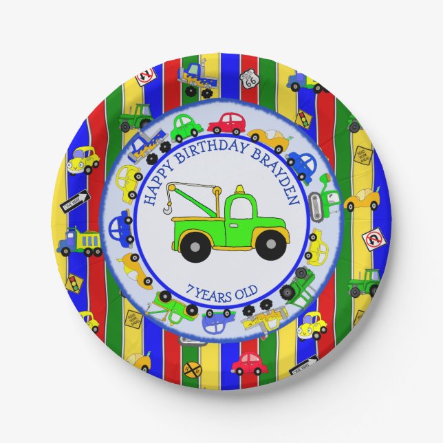 Trucks, Cars, Tractors and Traffic Signs Birthday Paper Plate (Front)