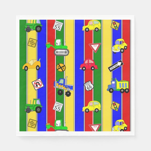 Trucks, Tractors, Cars and Traffic Signs Birthday Napkin (Front)
