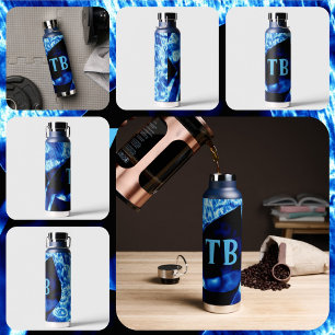 True Blue Edgy Abstract Personalized Initials Water Bottle