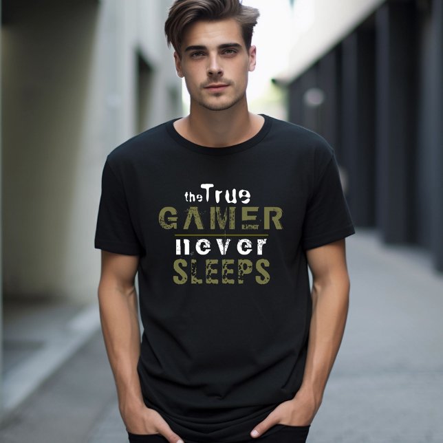 True Gamer Never Sleeps Typography Gamer T-Shirt (Creator Uploaded)