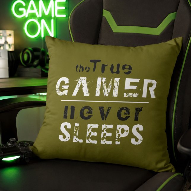 True Gamer Never Sleeps Typography Gamer  Throw Pillow (Creator Uploaded)