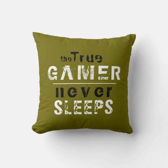 True Gamer Never Sleeps Typography Gamer  Throw Pillow (Front)