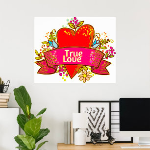 True Love Heart Ribbon with Floral Elements Poster