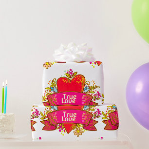 True Love Heart Ribbon with Floral Elements Wrapping Paper