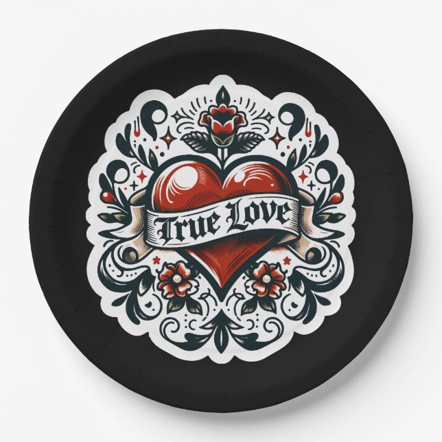 True Love Heart Tattoo Sticker Wedding Engagement  Paper Plate (Front)