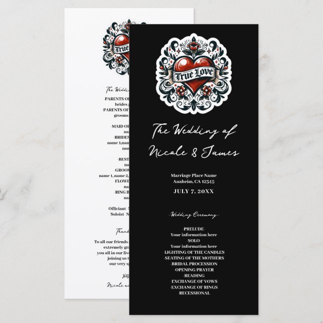 True Love Heart Tattoo Sticker Wedding Program (Front/Back)