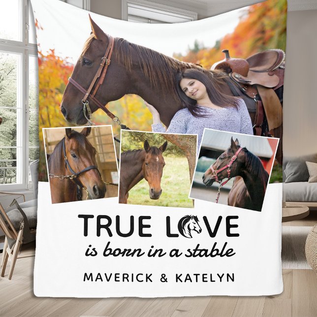 True Love Horse Lover Personalized 4 Photo Collage Fleece Blanket (Creator Uploaded)