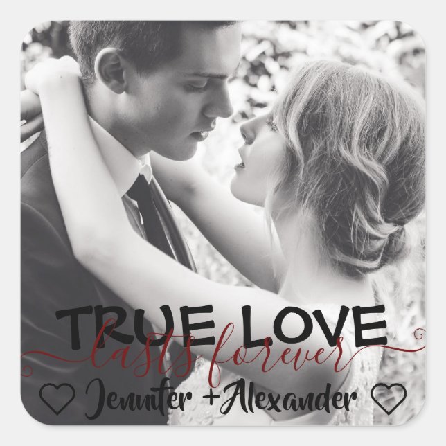 True Love Lasts Forever Cute Couple Heart Photo Square Sticker (Front)