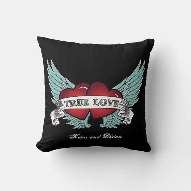 True Love Rockabilly Winged Heart Throw Pillow (Front)