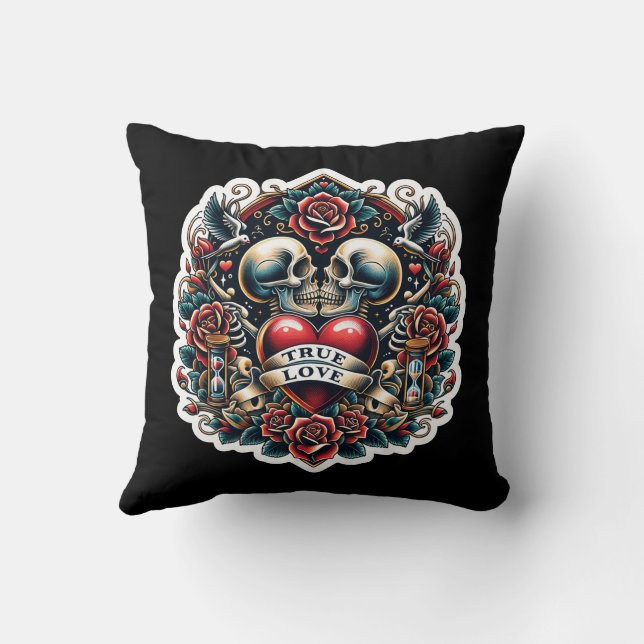 True Love Skeleton Heart Tattoo Look Throw Pillow (Back)