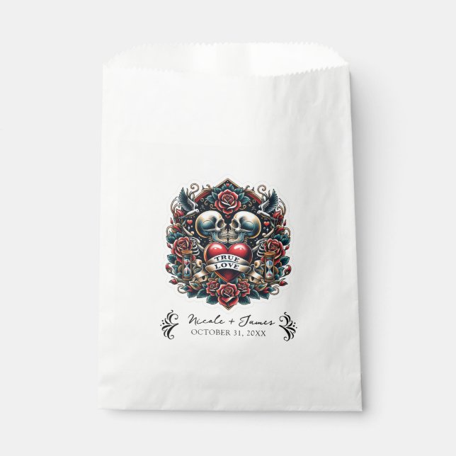 True Love Skeleton Heart Tattoo Wedding Favour Bag (Front)
